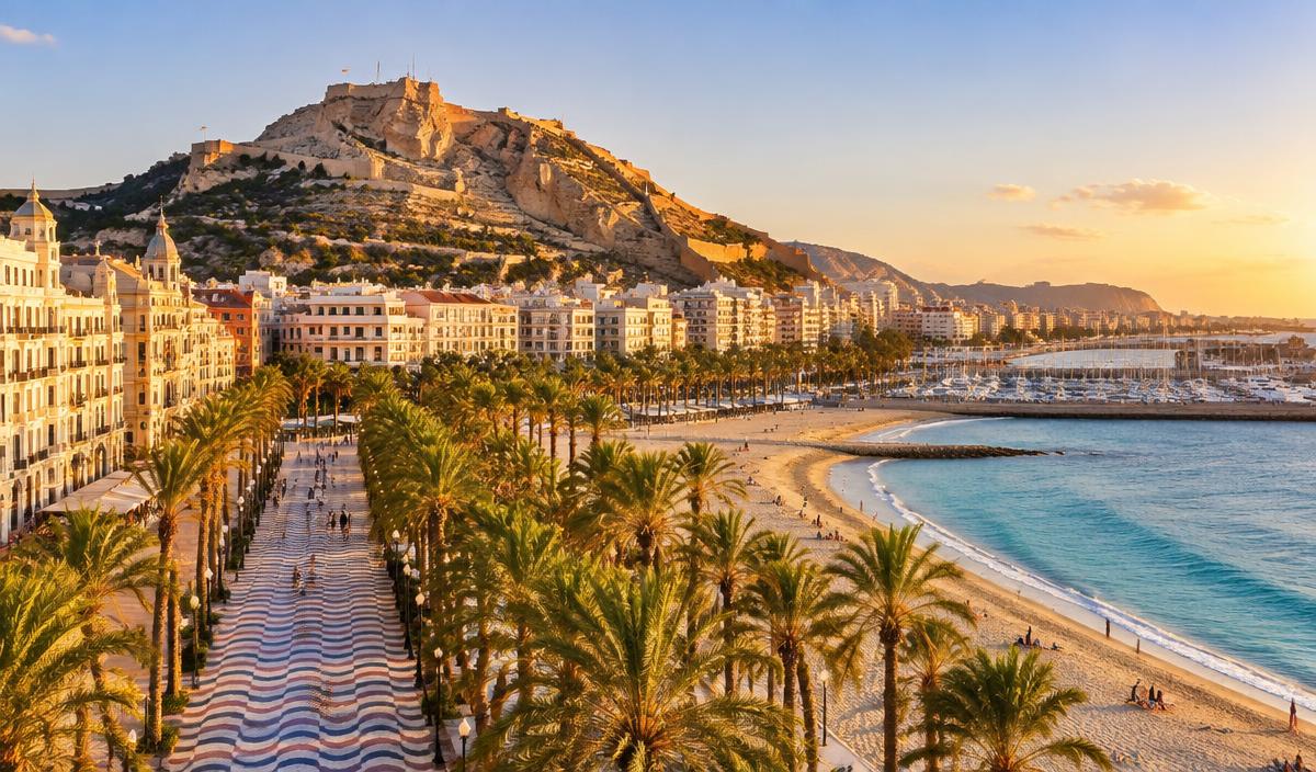 Vista de Alicante con el Castillo de Santa Bárbara, el paseo de la Explanada y la playa